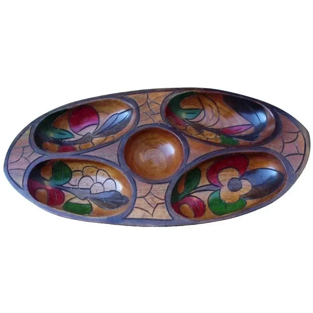 Vintage Wood Hand Carved Colorful Party Nut Bowl Serving Tray Tri-Bowl